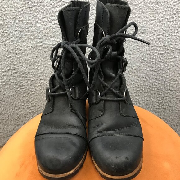 SOREL JOAN OF ARCTIC  BLACK LEATHER HIDDEN WEDGE HEEL ANKLE BOOTS 8.5 - Picture 5 of 16